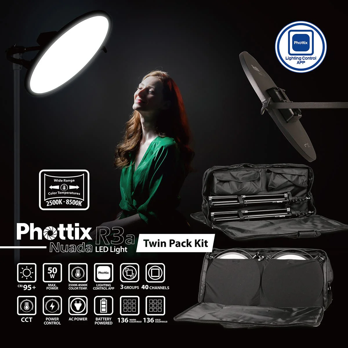 PHOTTIX NUADA R3a Twin LED Soft Light Kit w/Stands - Image 7